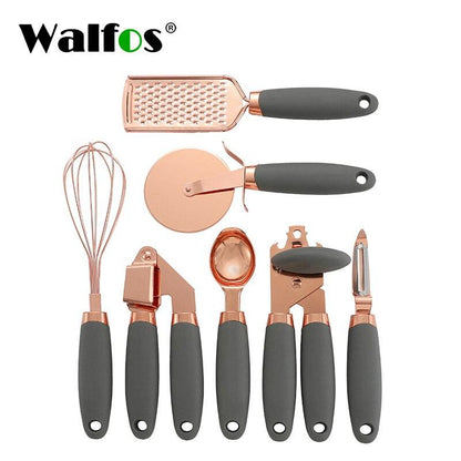 Walfos 7 Pcs Kitchen Gadget Set Copper Coated Stainless Steel Utensils with Soft Touch Rose Gold Garlic Press Pizza Cutter - Lily Depot