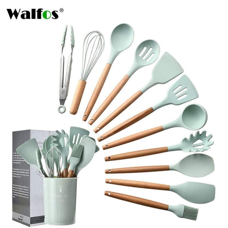 WALFOS Kitchen Tools Natural Beech Wood Handle Silicone Kitchen Utensil Set Silicone Cooking Tools Set Utensils Set - Lily Depot