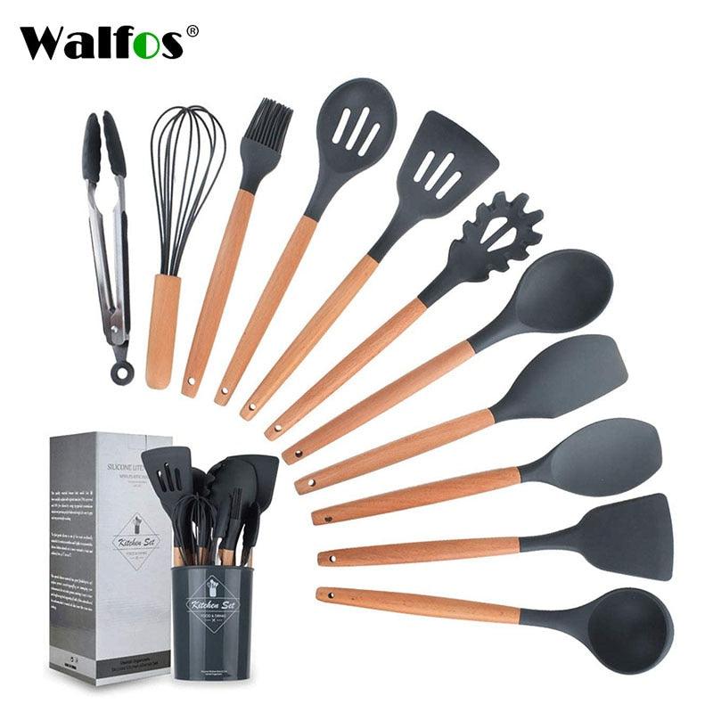 WALFOS Kitchen Tools Natural Beech Wood Handle Silicone Kitchen Utensil Set Silicone Cooking Tools Set Utensils Set - Lily Depot