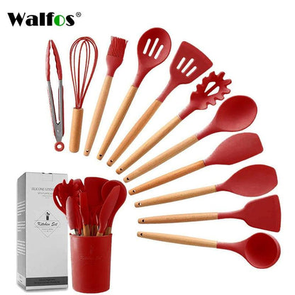 WALFOS Kitchen Tools Natural Beech Wood Handle Silicone Kitchen Utensil Set Silicone Cooking Tools Set Utensils Set - Lily Depot