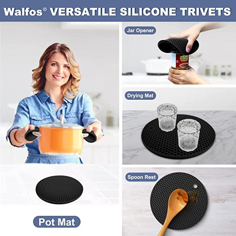 Walfos Silicone Trivet Mats Heat Resistant Pot Holders Set Multipurpose Non-Slip Hot Pads for Hot Pot Hot DishersJar Opener - Lily Depot
