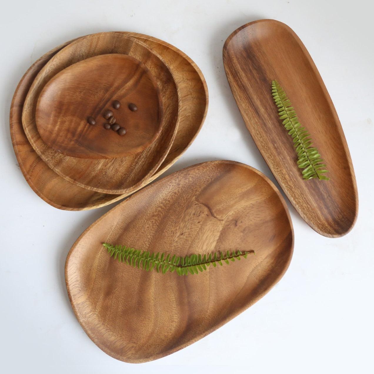 Walnut & Acacia Irregular Oval Solid Wood Dinner Plate Wooden Serving Decorative Tray, for Dishes Snack, Dim Sum, Fruit, Dessert - Lily Depot