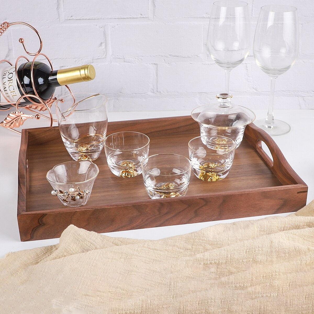 Walnut Wood Serving Tray with Handle Serve Coffee Tea Cocktails Appetizers Rectangle Breakfast Bed Wooden Tray Home Decorative - Lily Depot