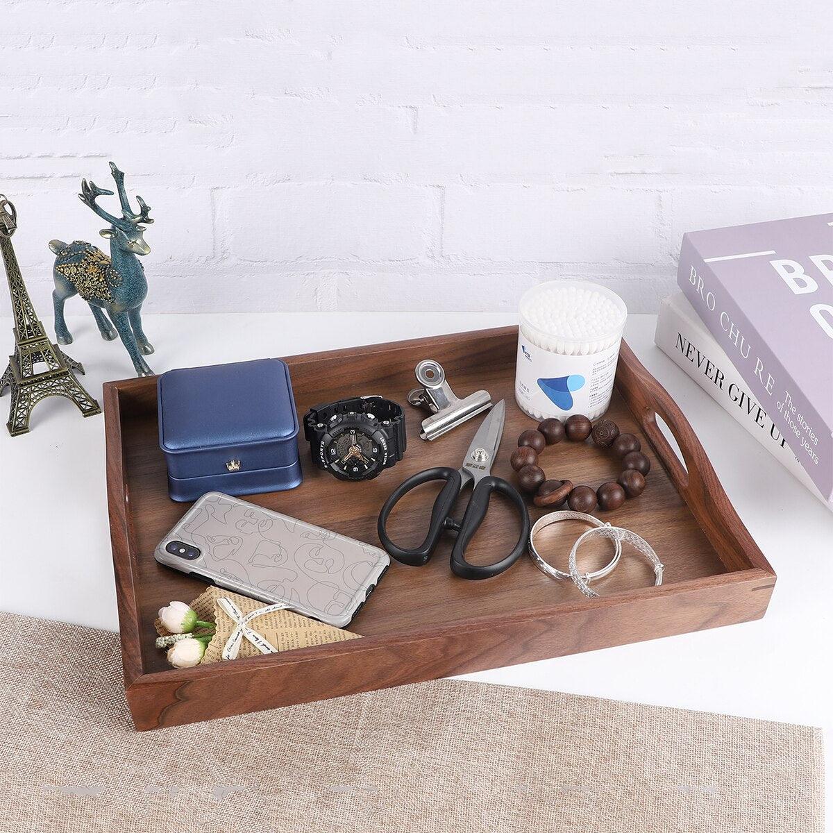 Walnut Wood Serving Tray with Handle Serve Coffee Tea Cocktails Appetizers Rectangle Breakfast Bed Wooden Tray Home Decorative - Lily Depot
