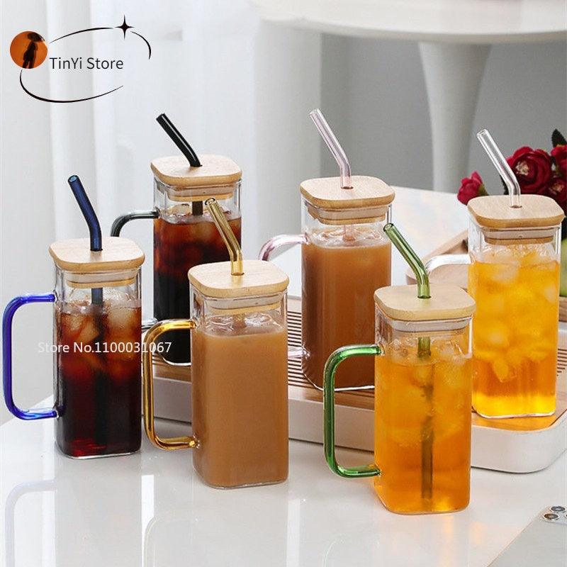 350/600ML Square Mug With Lids and Straws Single Colored Handle Layer Drinking Glass Cups For Iced Coffee Milk Bubble Tea Water - Lily Depot