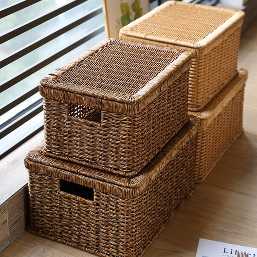 Echome Storage Box Large Bedroom Clothes Storage Box with Lid Imitation Rattan Woven with Lid Storage Basket In-Wardrobe Basket - Lily Depot