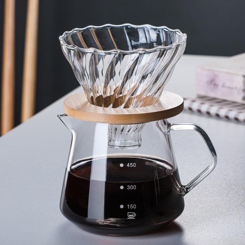 Hand-Made Coffee Pot Set 60° Glass Wooden 600ML/300ML Coffee Dripper and Pot Set for Coffee Filter Reusable Coffee Filters - Lily Depot