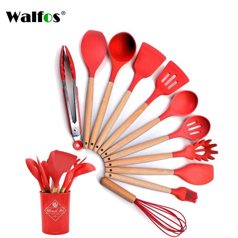 WALFOS Kitchen Tools Natural Beech Wood Handle Silicone Kitchen Utensil Set Silicone Cooking Tools Set Utensils Set - Lily Depot